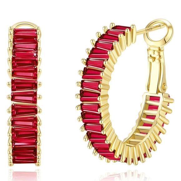 14K Yellow Gold with Garnet Red Cubic Zirconia Drop Hoop Leverback Earrings - Picture 1 of 7